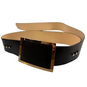 Hotel Particulier Women's Belt Wide Black Genuine Leather Gold Brass Buckle M/L